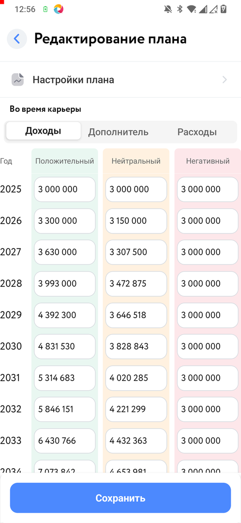 Экран редактирования плана